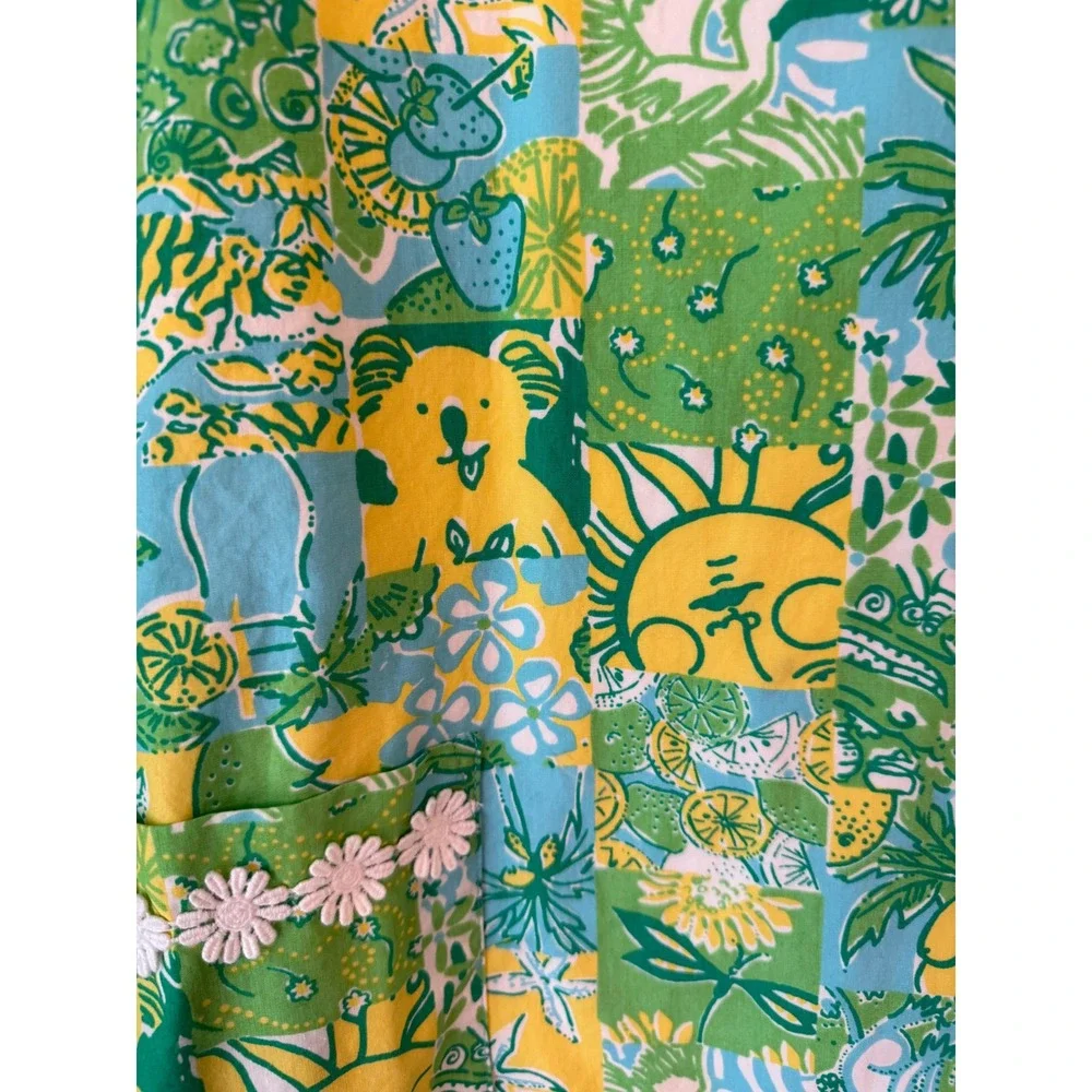 Vintage Lilly Pulitzer Girls Green Yellow Koala Patchwork Shift Dress Size 14